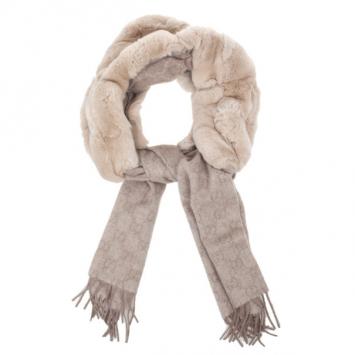 Gucci Beige Rabbit Fur & GG Pattern Cashmere Scarf