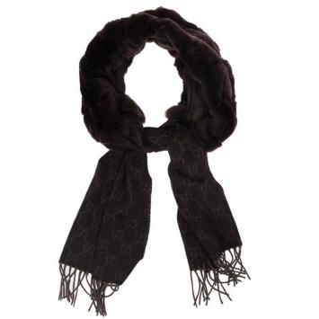 Gucci Brown Rabbit Fur &amp; GG Pattern Cashmere Scarf