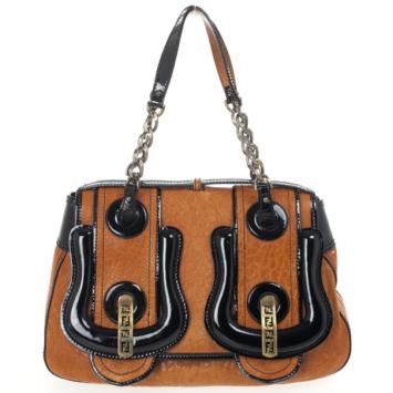 Fendi Brown Leather Patent Trim B Bag