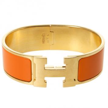 Hermes Clic H Orange Enamel Gold Plated Bracelet 19 CM