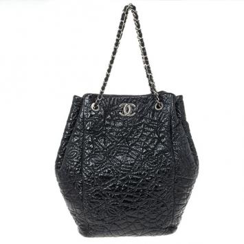 Chanel Black Patent Quilted CC XL Hobo 