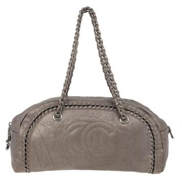 Chanel Luxe Ligne Beige Leather Chain Trim Bowler Boston Duffle Bag