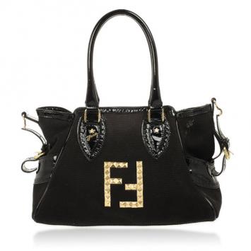 Fendi Black Canvas Studded Small Bag Du Jour Tote