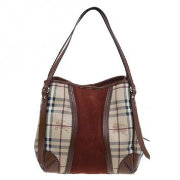 Burberry Plum Canvas Haymarket Check Suede Panel Small Shoulder Bag