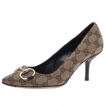 Gucci Beige Guccissima Canvas Horsebit Pointed Toe Pumps Size 35.5