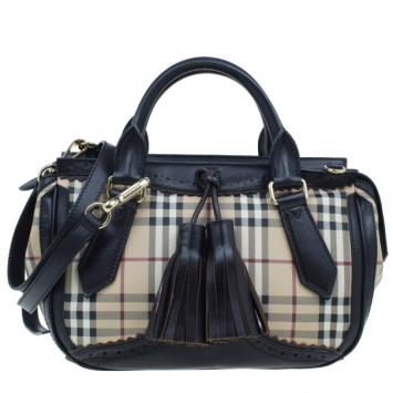 Burberry Black Coated Canvas Haymarket Tassel Check Satchel