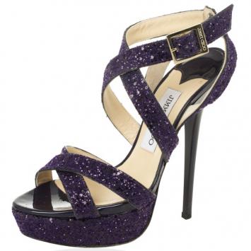 Jimmy Choo Purple Vamp Glitter Crisscross Platform Sandals Size 37