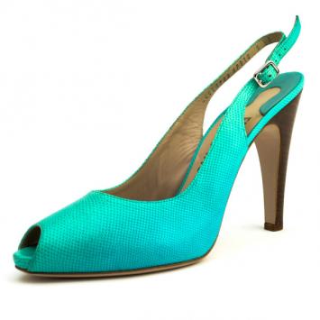 Salvatore Ferragamo Turquoise Embossed Peep Toe Slingback Sandals Size 39.5