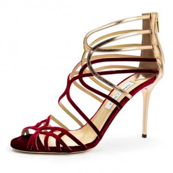 Jimmy Choo Red Velvet &amp; Gold Leather 'Maury' Strappy Sandals Size 41