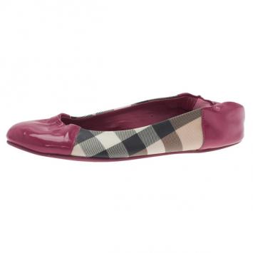 Burberry Pink Patent Cap Toe House Check Ballet Flats Size 36.5