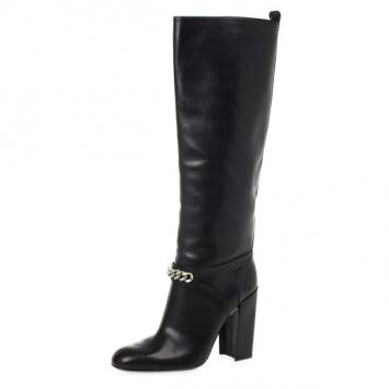 Yves Saint Laurent Black Leather 'New Chyc 105' Chain Link Knee Length Boots Size 39.5