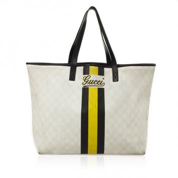 Gucci White and Monongram Striped Canvas Tote