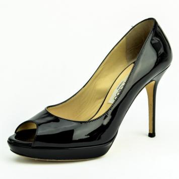 Jimmy Choo Black Patent Leather 'Luna' Peep Toe Platform Pumps Size 37.5