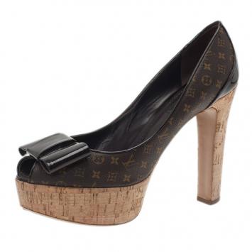 Louis Vuitton Monogram Brown Canvas Rivoli Cork Platform Peep Toe Pumps Size 37.5