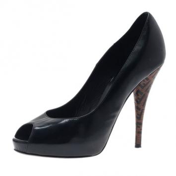 Fendi Black Patent Leather Zucca Print Heel Peep Toe Pumps Size 37.5