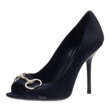 Gucci Black Satin Hollywood Horsebit Peep Toe Pumps Size 37