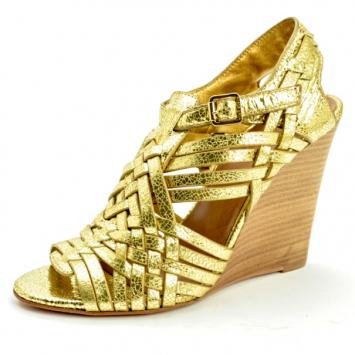 Tory Burch Gold Nadia Strappy Wedges Sandals Size 37.5