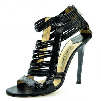 Jimmy Choo Black Python 'Corsica' Strappy Back Zip Sandals Size 37.5