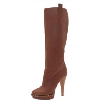 Saint Laurent Paris Brown Leather Platform Knee Boots Size 41