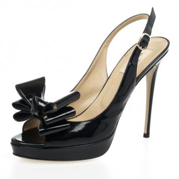 Valentino Black Patent 'Stylish' Bow Trim Slingback Platform Sandals Size 40
