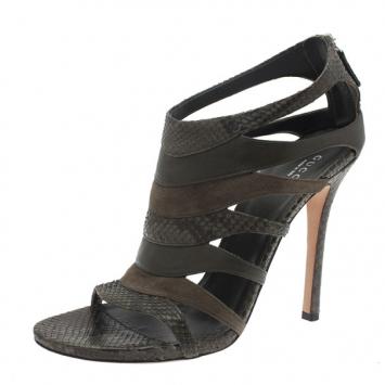 Gucci Moss Green Python and Leather Soraya Back Zip Sandals Size 39