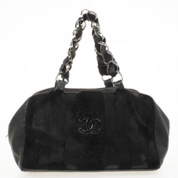 Chanel Black Pony Hair Fur and Lambskin Bowler Bag
