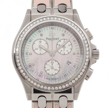 Pequignet Ceramic Mother of Pearl Diamond SS Leather Chronograph Womens Wristwatch 38 MM