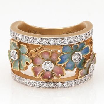 Masriera Flower Enamel Diamond Band Ring Size 52.5