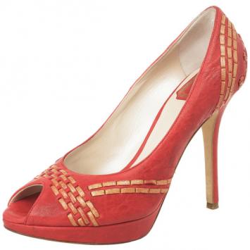 Dior Red 'Miss Dior' Woven Peep Toe Pumps Size 38