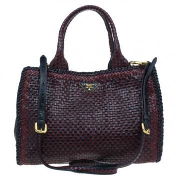 Prada Black Maroon Woven Leather Madras Tote
