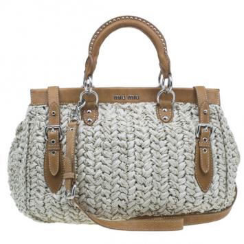 Miu Miu Beige Straw and Leather Trimmed Raffia Tote
