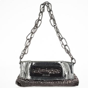  Just Cavalli Leather Metallic Embossed Chain Shoulder Bag 