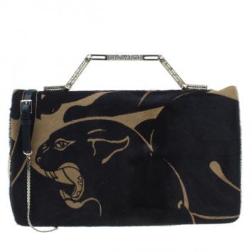 Valentino Black Calf Hair Rockstud Panther Print Hand Bag