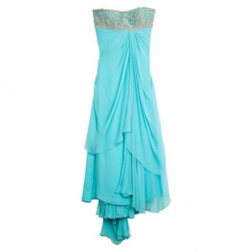 Marchesa Baby Blue Silk Embellished Evening Gown L