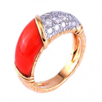 Van Cleef & Arpels Coral Pave Diamond 18K Yellow Gold Ring Size 49