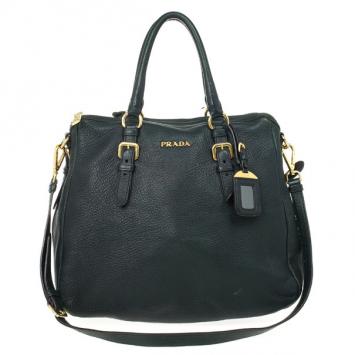 Prada Dark Green Leather Logo Detail Top Handle Bag