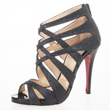 Christian Louboutin Black Glitter 'Balota' Strappy Sandals Size 36.5