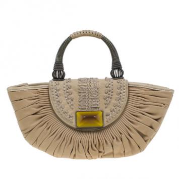 Dior Beige Lambskin Plisse Pleated Top Handle Satchel