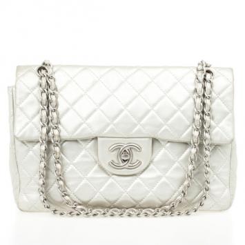 Chanel Silver Lambskin Classic Maxi Flap