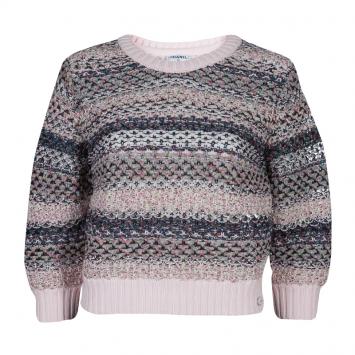 Pre Owned Chanel Pink Tweed Knit Sweater S