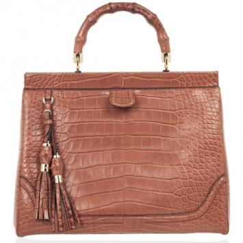 Gucci Brown Bold Bamboo Pink Crocodile Top Handle Bag