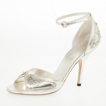 Gucci Silver Guccissima Ankle Strap Sandals Size 36.5