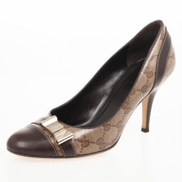 Gucci Beige Crystal Guccissima Cap Toe Bow Pumps Size 37