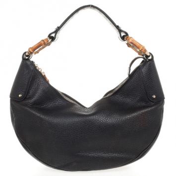 Gucci Black Leather Bamboo Ring Medium Hobo