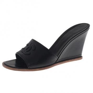 Chanel Black Leather CC Wedge Slides Size 40