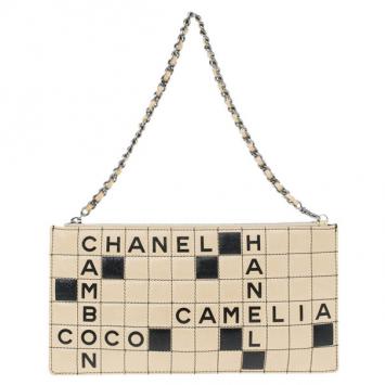 Chanel Tan & Black Lambskin Square Quilted Crossword Puzzle Pochette Bag