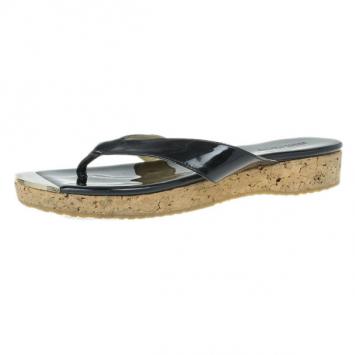 Jimmy Choo Black Leather 'Pence' Cork Wedge Sandals Size 38