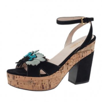 Prada Black Suede Flower Ankle Strap Sandals Size 39.5