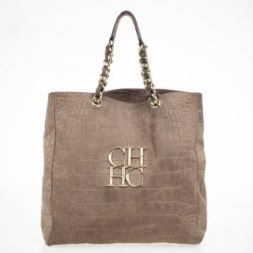 Carolina Herrera Grey Croc Emossed Leather Tote