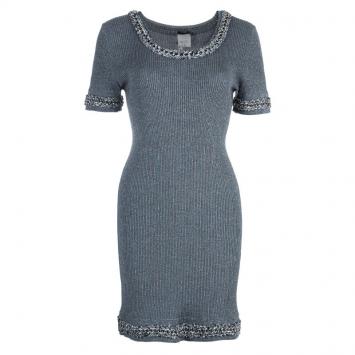 Pre Owned Chanel Grey Rib Knit Dress L